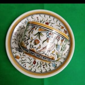 Vtg Rare Easter Bunny Hand painted Cup & Saucer ,Portugal, birds/ floral, Mint